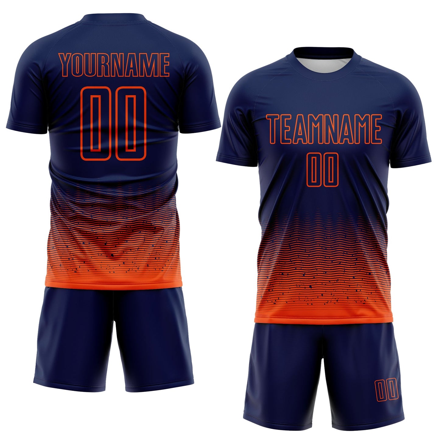 Custom Navy-Orange Fade Wave Lines Splatter Sublimation Soccer Uniform Jersey view 2