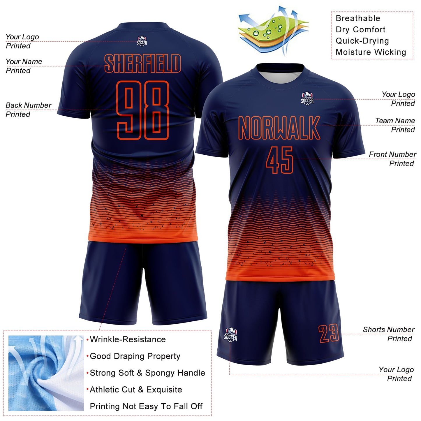 Custom Navy-Orange Fade Wave Lines Splatter Sublimation Soccer Uniform Jersey view 4