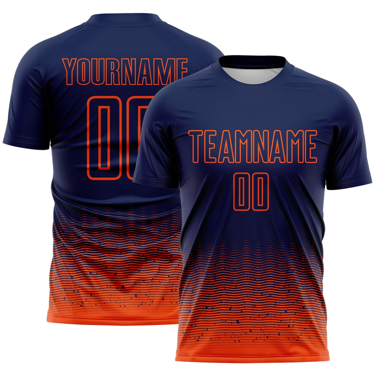 Custom Navy-Orange Fade Wave Lines Splatter Sublimation Soccer Uniform Jersey - Main View