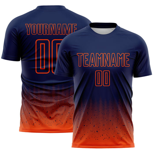 Custom Navy-Orange Fade Wave Lines Splatter Sublimation Soccer Uniform Jersey - Main View