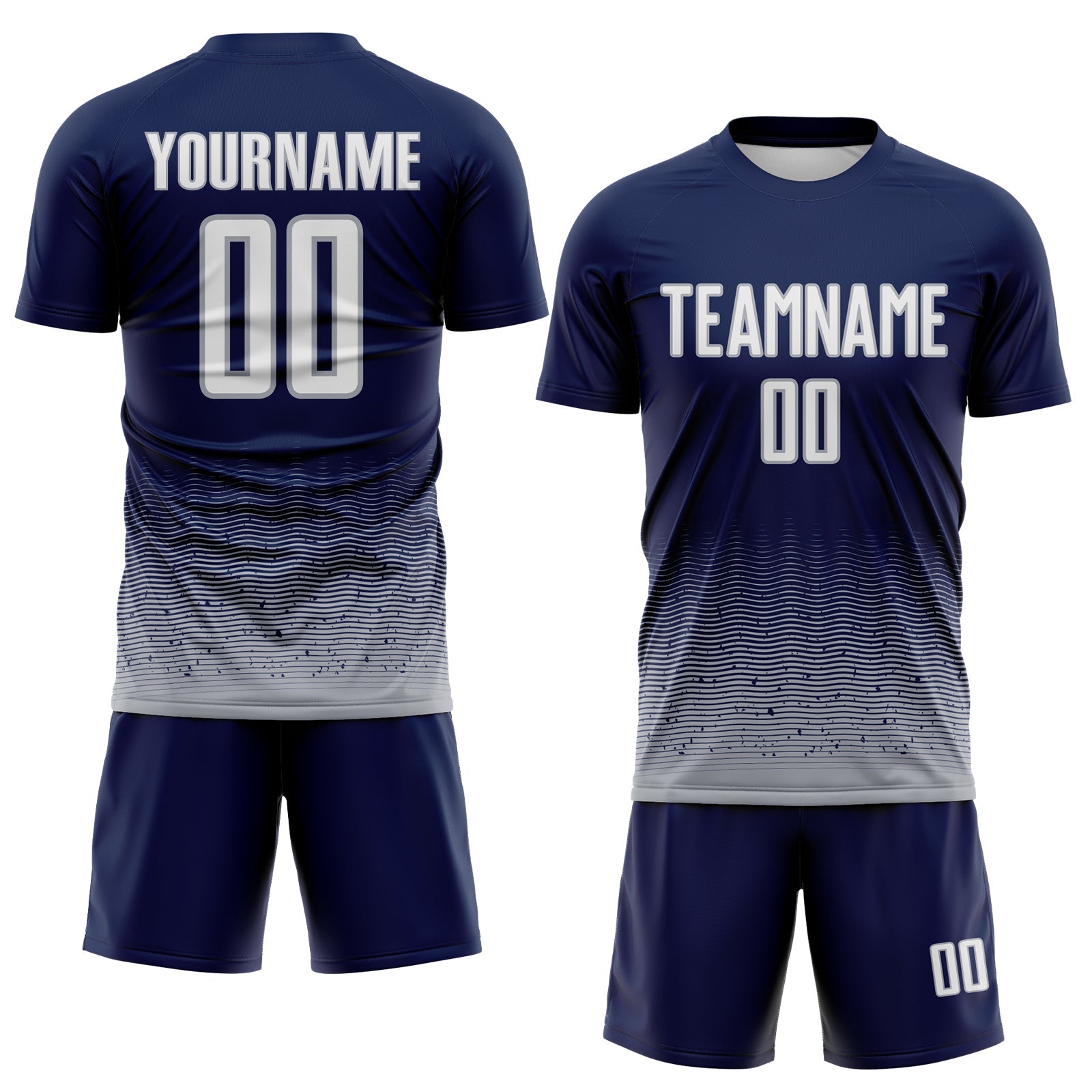 Custom Navy White-Gray Fade Wave Lines Splatter Sublimation Soccer Uniform Jersey view 2