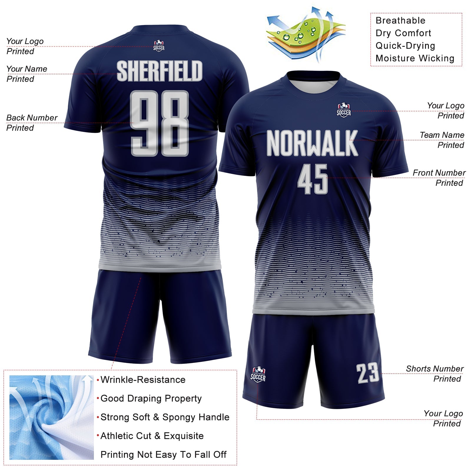Custom Navy White-Gray Fade Wave Lines Splatter Sublimation Soccer Uniform Jersey view 4
