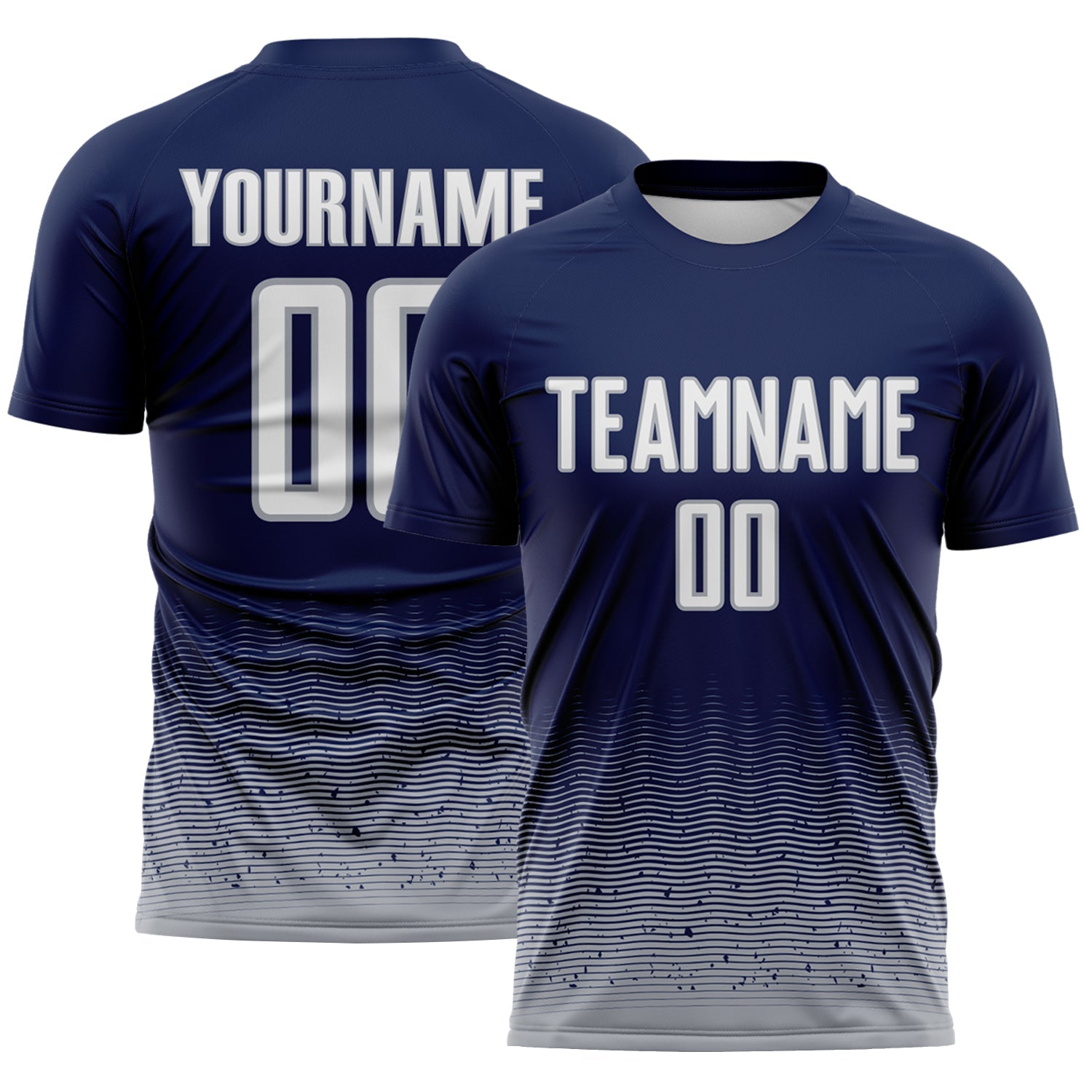 Custom Navy White-Gray Fade Wave Lines Splatter Sublimation Soccer Uniform Jersey - Main View