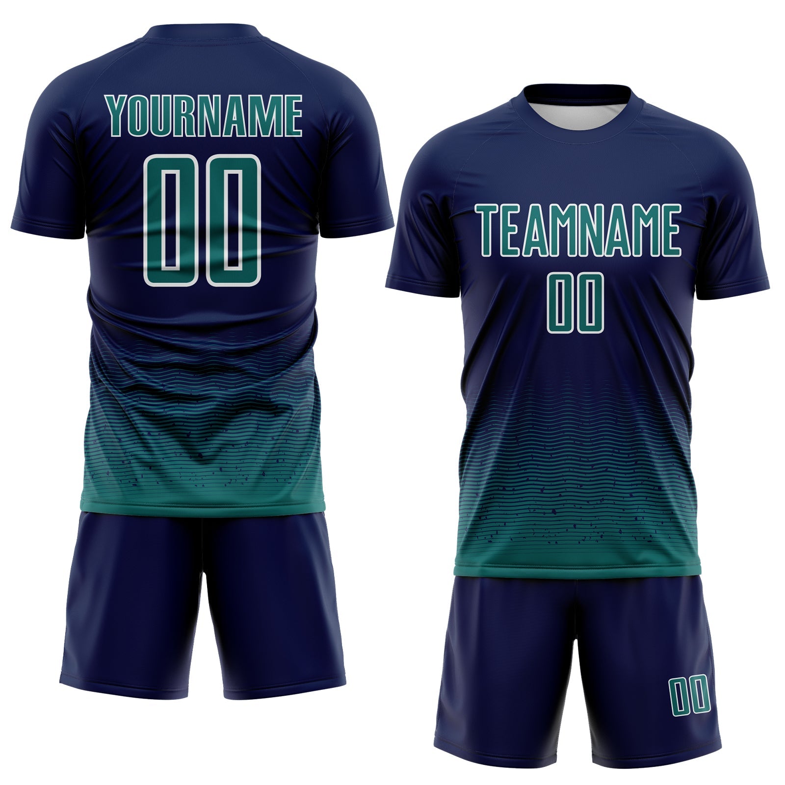 Custom Navy Teal-White Fade Wave Lines Splatter Sublimation Soccer Uniform Jersey view 2