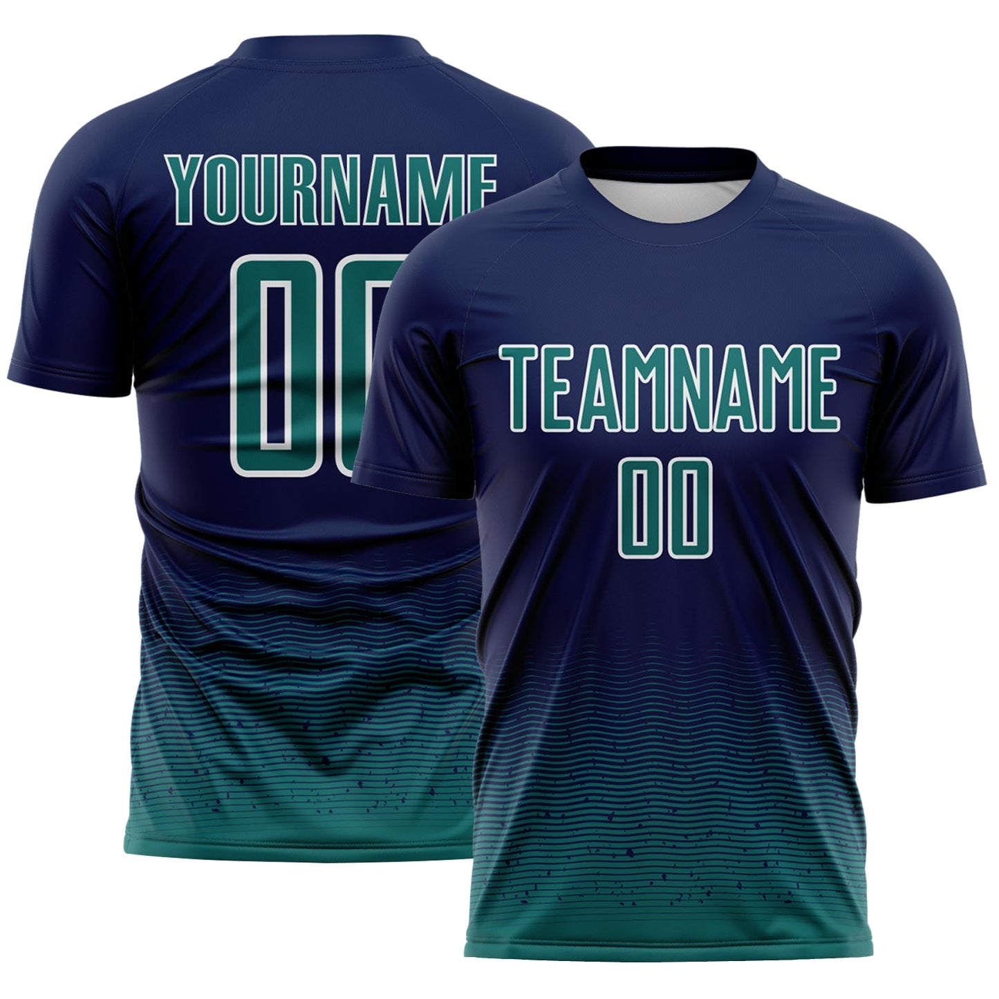 Custom Navy Teal-White Fade Wave Lines Splatter Sublimation Soccer Uniform Jersey - Main View