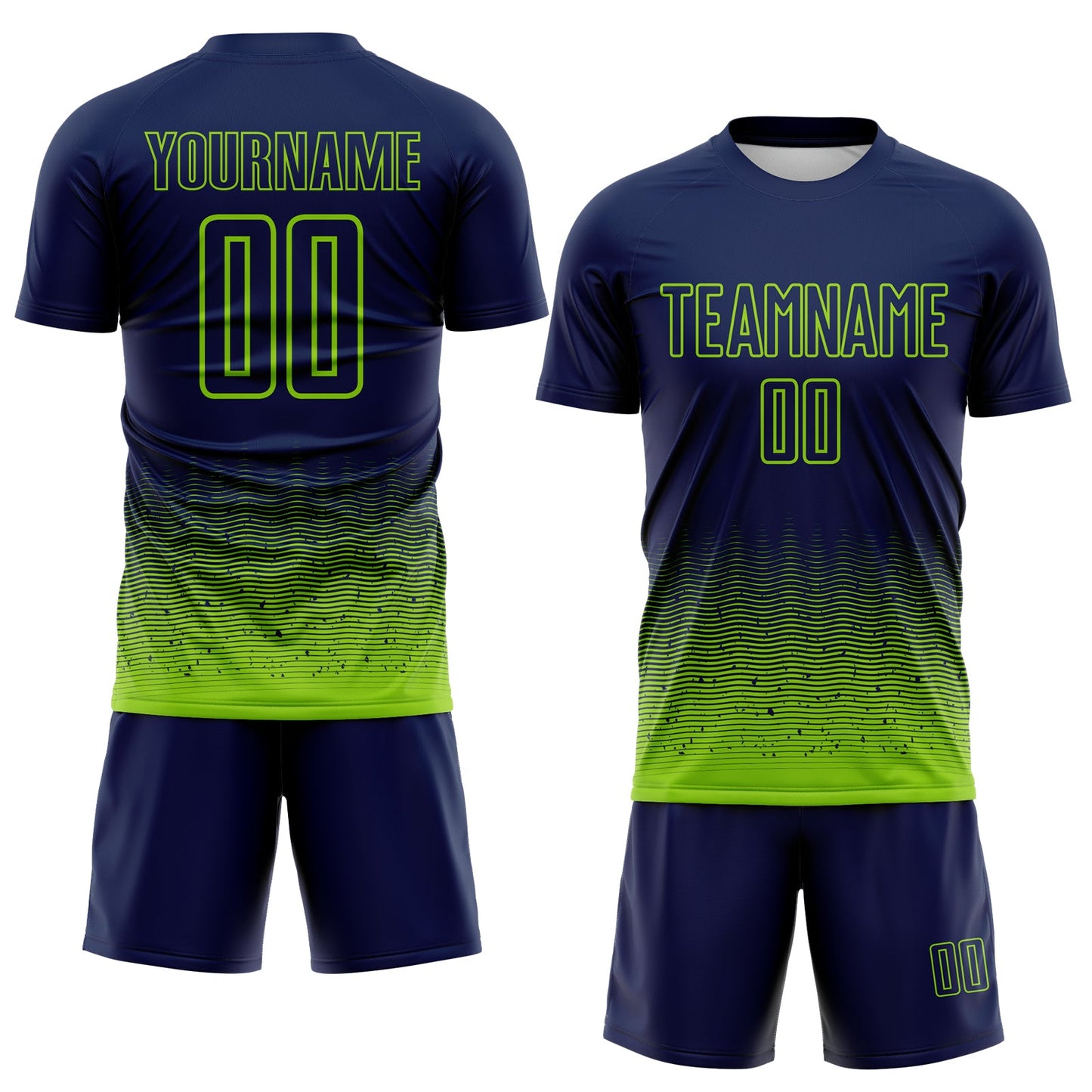 Custom Navy-Neon Green Fade Wave Lines Splatter Sublimation Soccer Uniform Jersey view 2