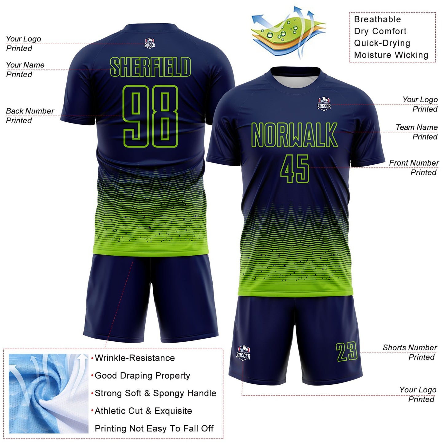 Custom Navy-Neon Green Fade Wave Lines Splatter Sublimation Soccer Uniform Jersey view 4