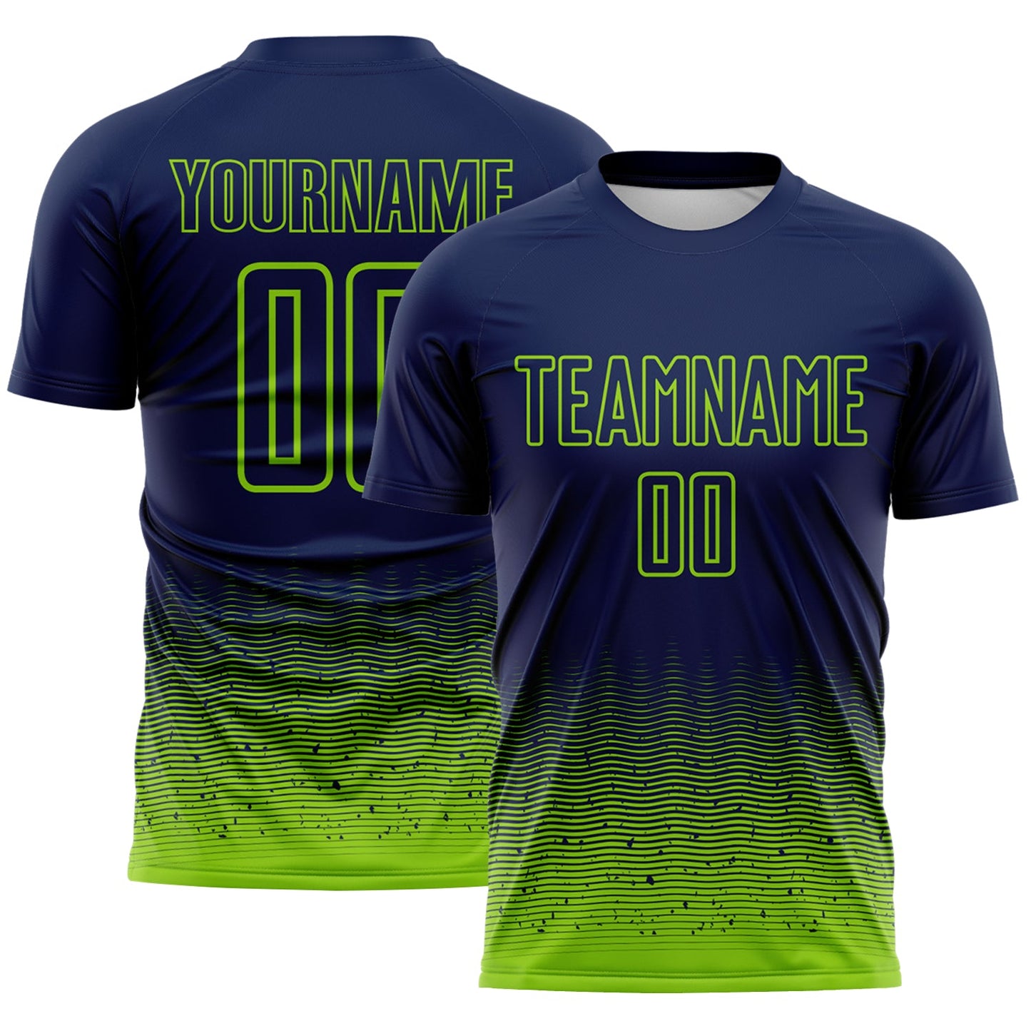 Custom Navy-Neon Green Fade Wave Lines Splatter Sublimation Soccer Uniform Jersey - Main View