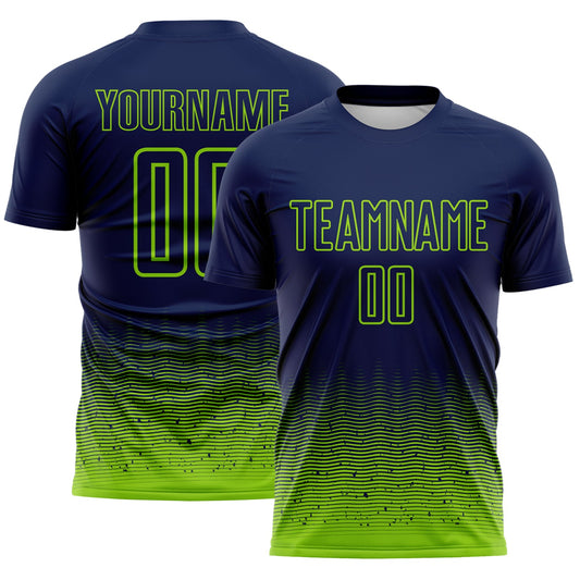 Custom Navy-Neon Green Fade Wave Lines Splatter Sublimation Soccer Uniform Jersey - Main View