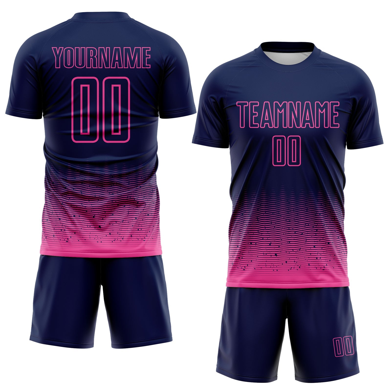 Custom Navy-Pink Fade Wave Lines Splatter Sublimation Soccer Uniform Jersey view 2