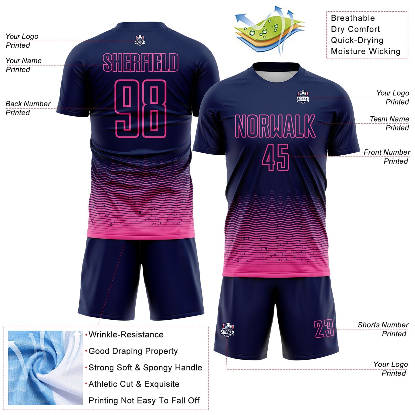 Custom Navy-Pink Fade Wave Lines Splatter Sublimation Soccer Uniform Jersey view 4