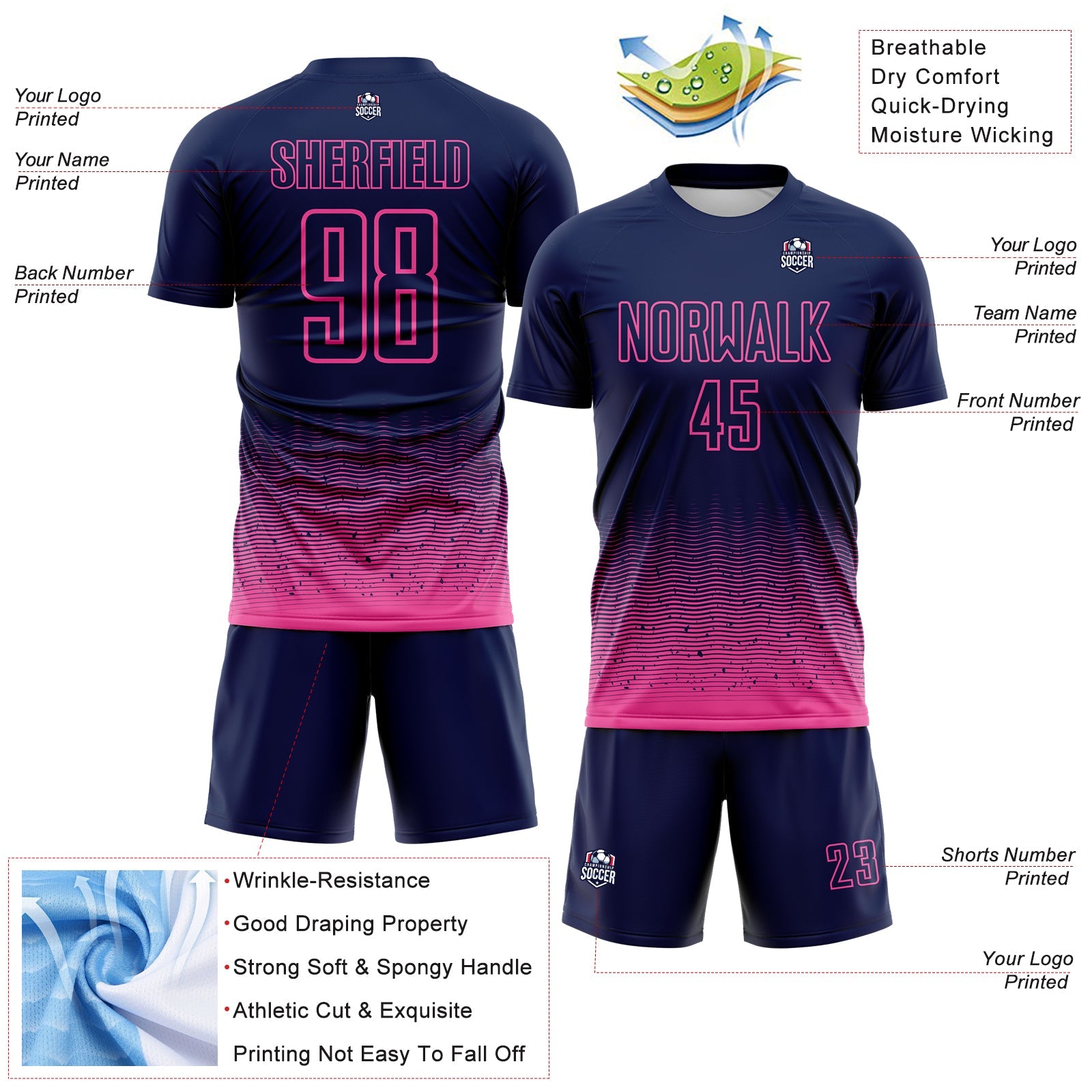Custom Navy-Pink Fade Wave Lines Splatter Sublimation Soccer Uniform Jersey view 4