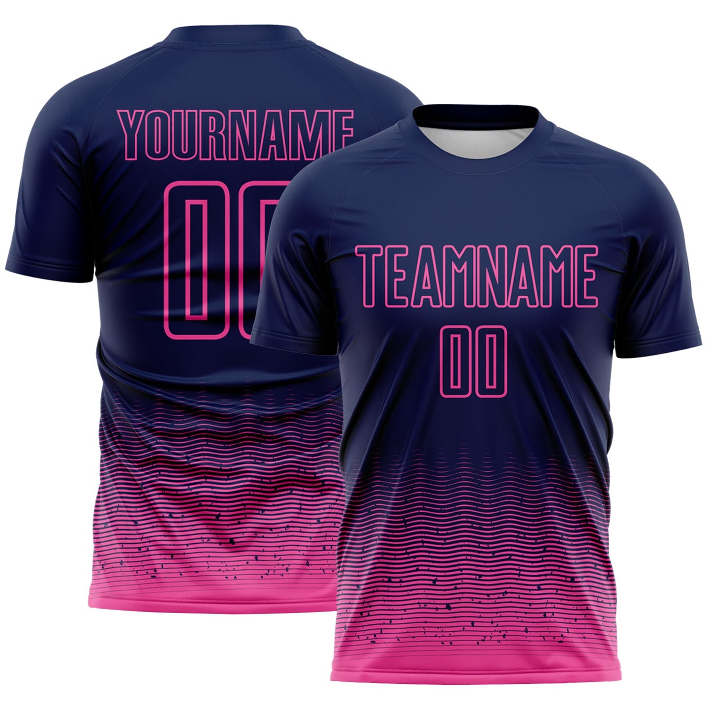 Custom Navy-Pink Fade Wave Lines Splatter Sublimation Soccer Uniform Jersey - Main View
