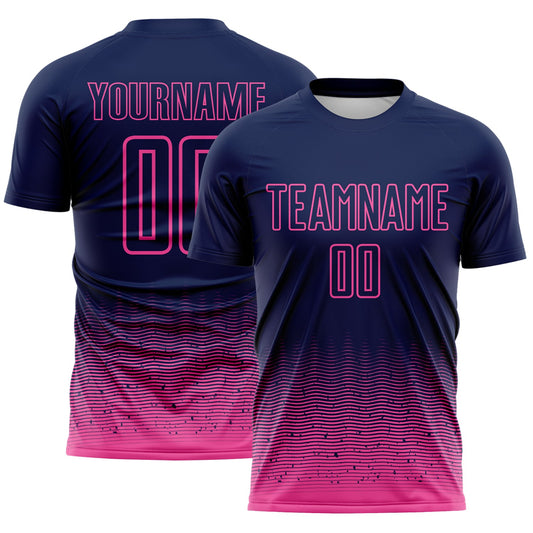 Custom Navy-Pink Fade Wave Lines Splatter Sublimation Soccer Uniform Jersey - Main View