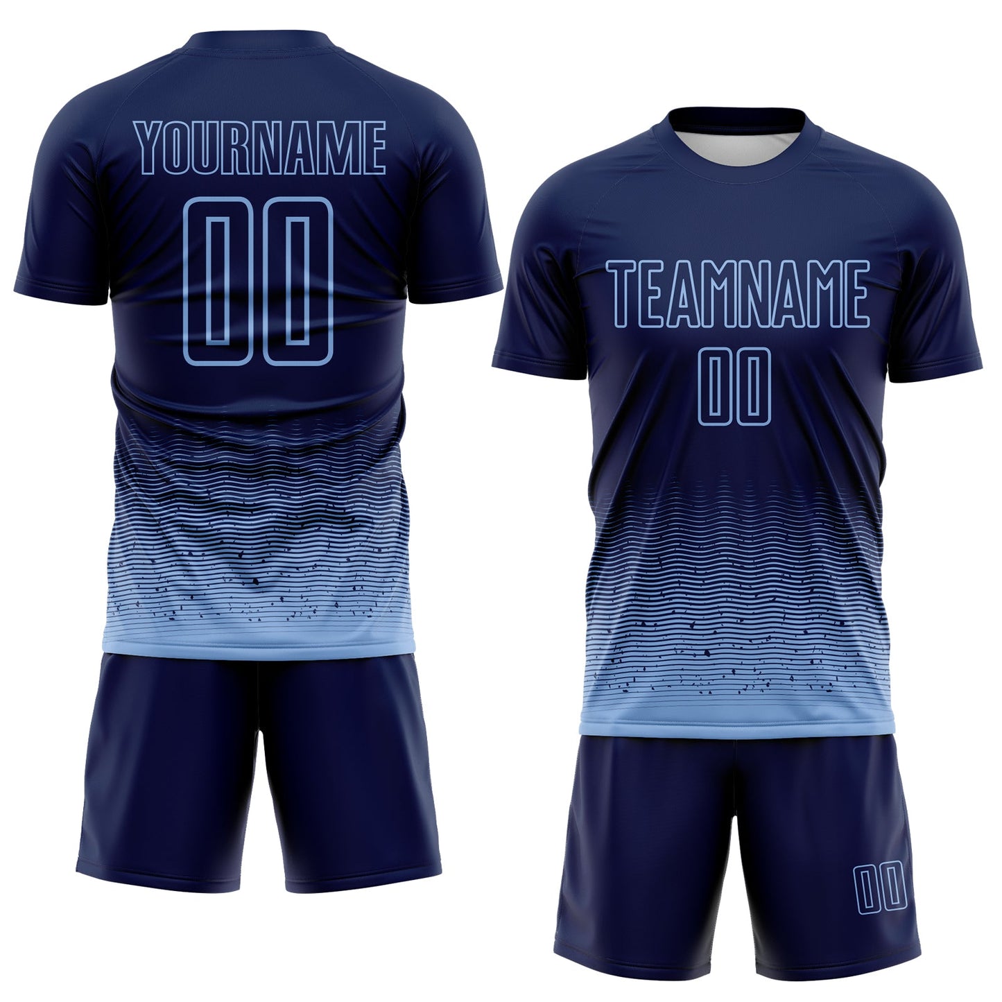 Custom Navy-Light Blue Fade Wave Lines Splatter Sublimation Soccer Uniform Jersey view 2
