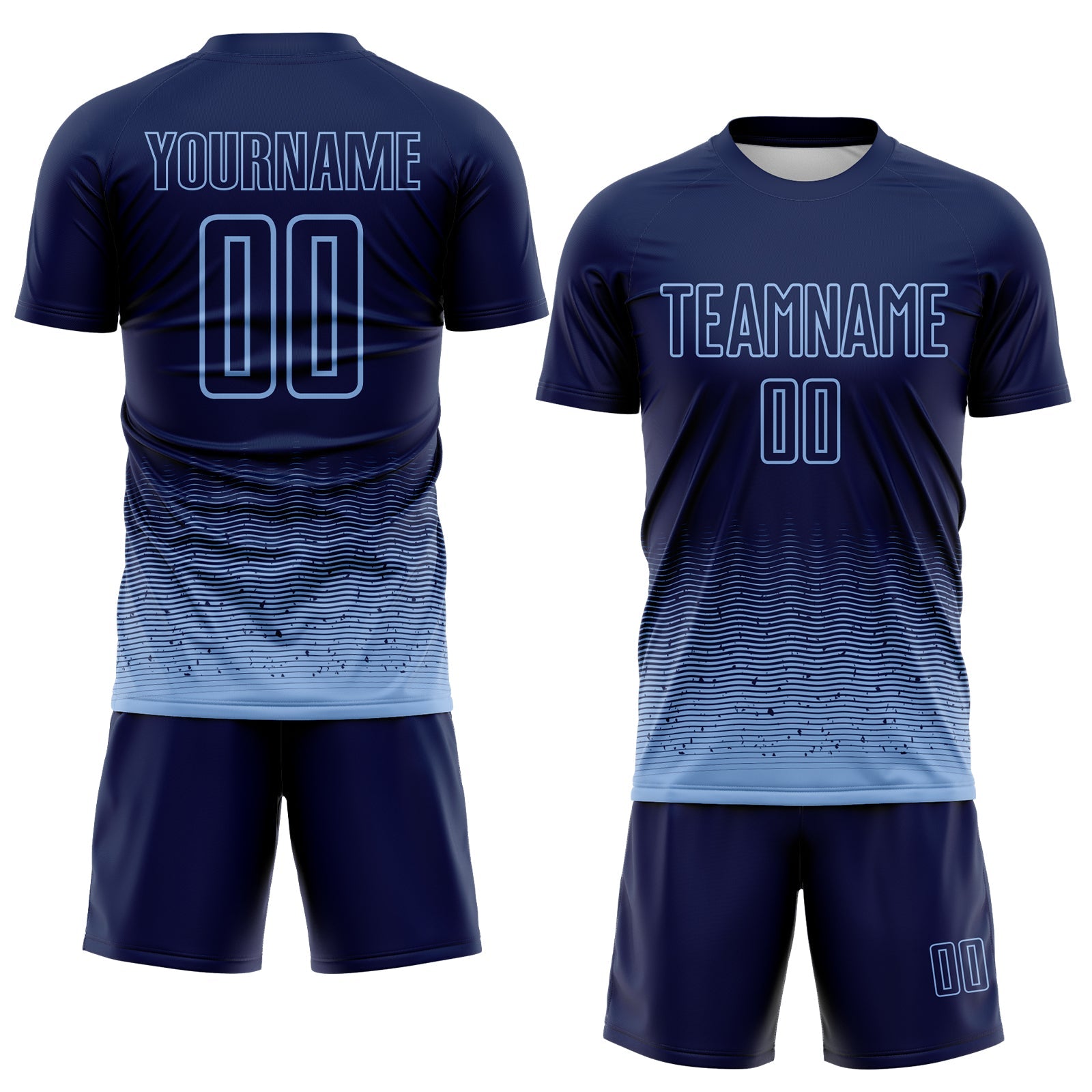 Custom Navy-Light Blue Fade Wave Lines Splatter Sublimation Soccer Uniform Jersey view 2