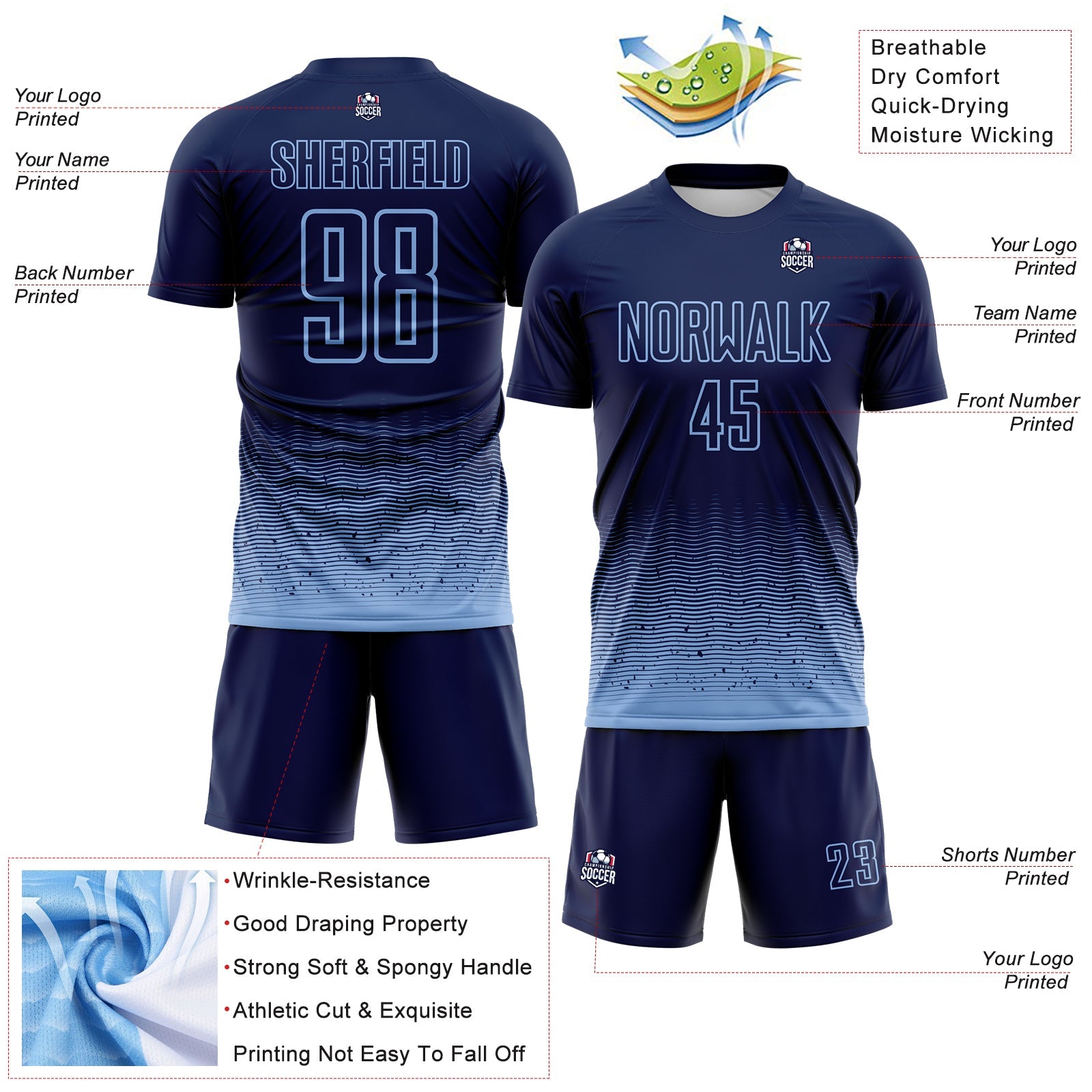 Custom Navy-Light Blue Fade Wave Lines Splatter Sublimation Soccer Uniform Jersey view 4