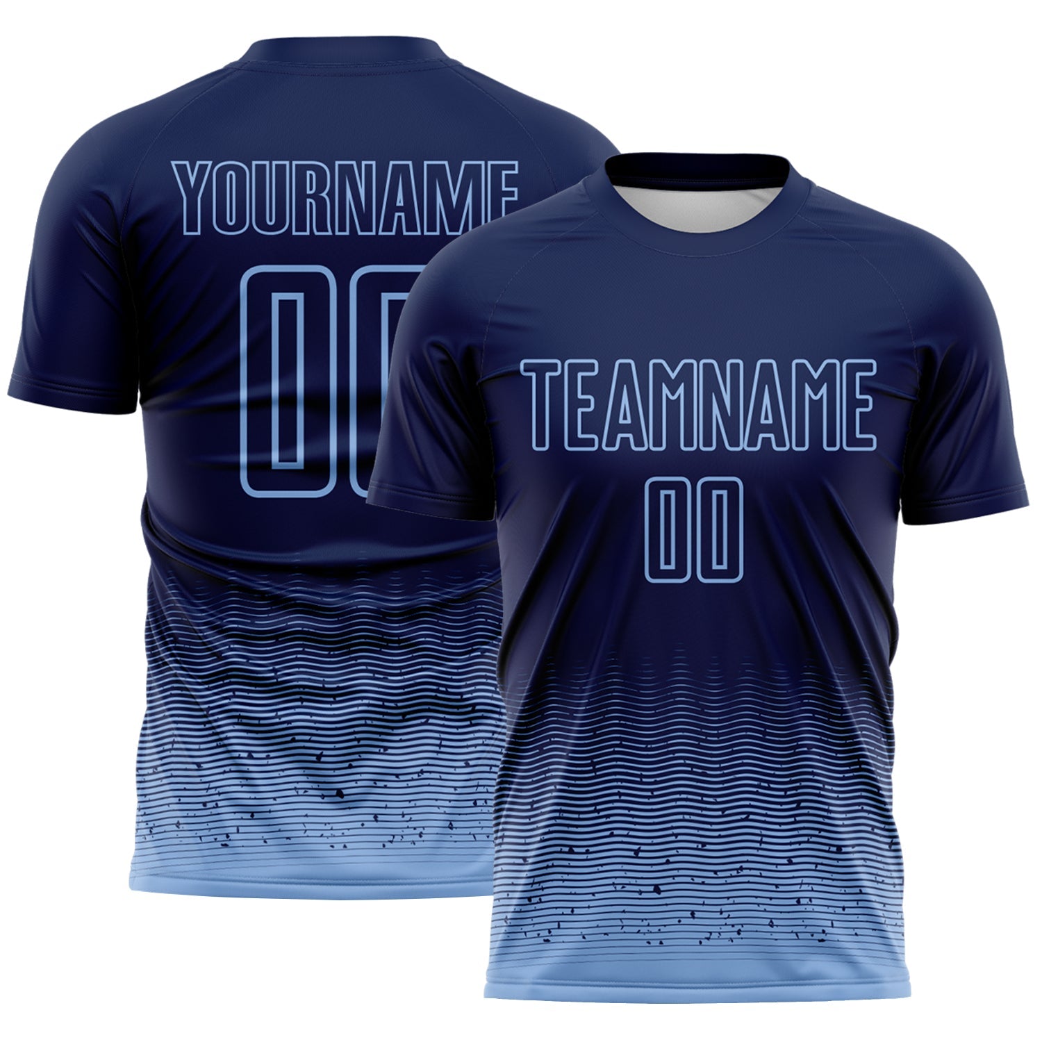 Custom Navy-Light Blue Fade Wave Lines Splatter Sublimation Soccer Uniform Jersey - Main View