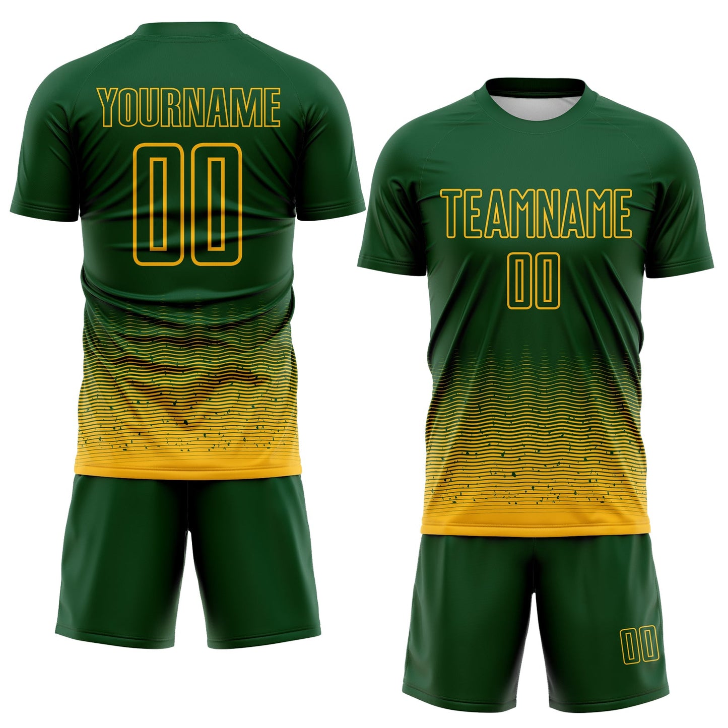 Custom Green-Gold Fade Wave Lines Splatter Sublimation Soccer Uniform Jersey view 2