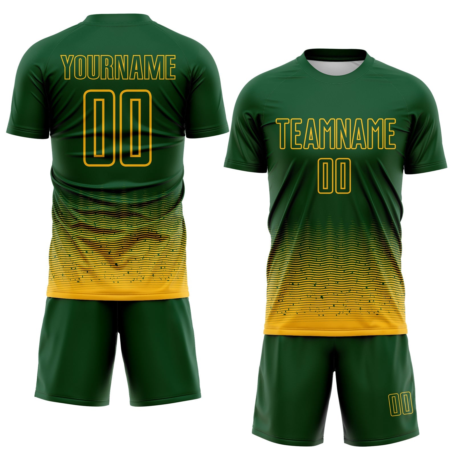 Custom Green-Gold Fade Wave Lines Splatter Sublimation Soccer Uniform Jersey view 2