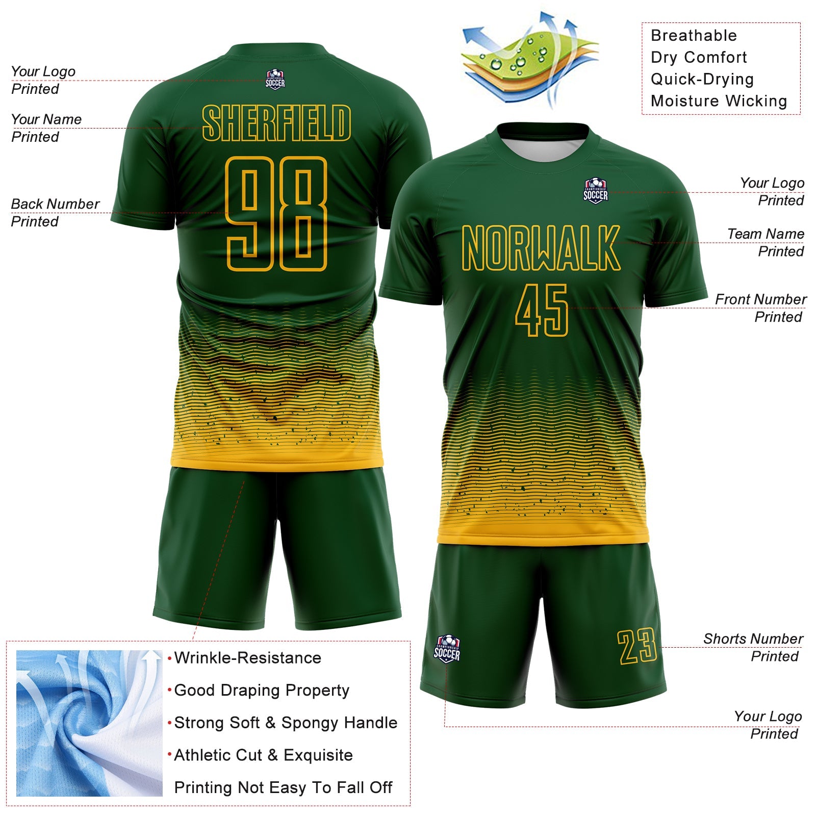 Custom Green-Gold Fade Wave Lines Splatter Sublimation Soccer Uniform Jersey view 4