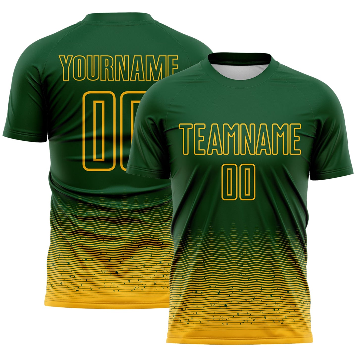 Custom Green-Gold Fade Wave Lines Splatter Sublimation Soccer Uniform Jersey - Main View