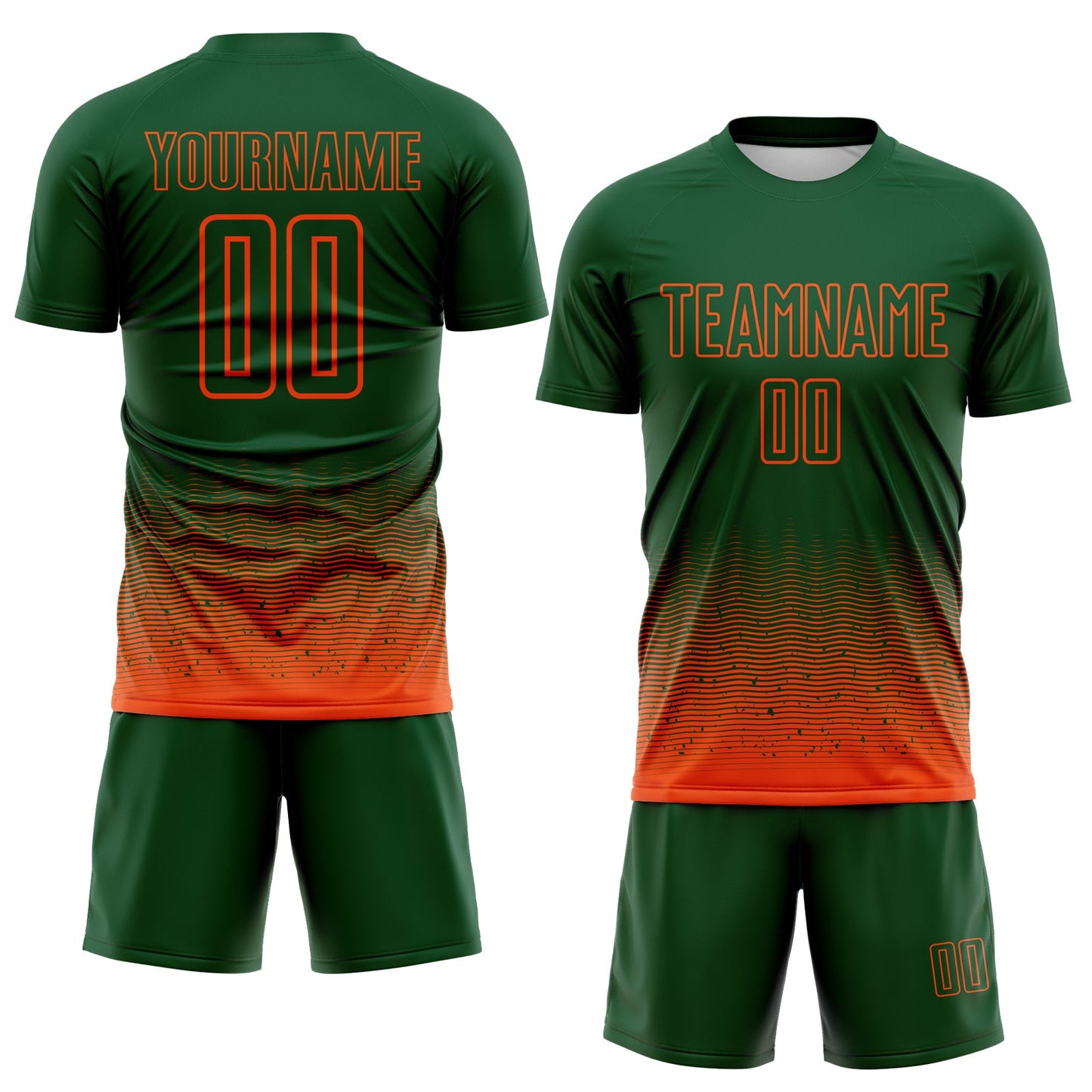 Custom Green-Orange Fade Wave Lines Splatter Sublimation Soccer Uniform Jersey view 2