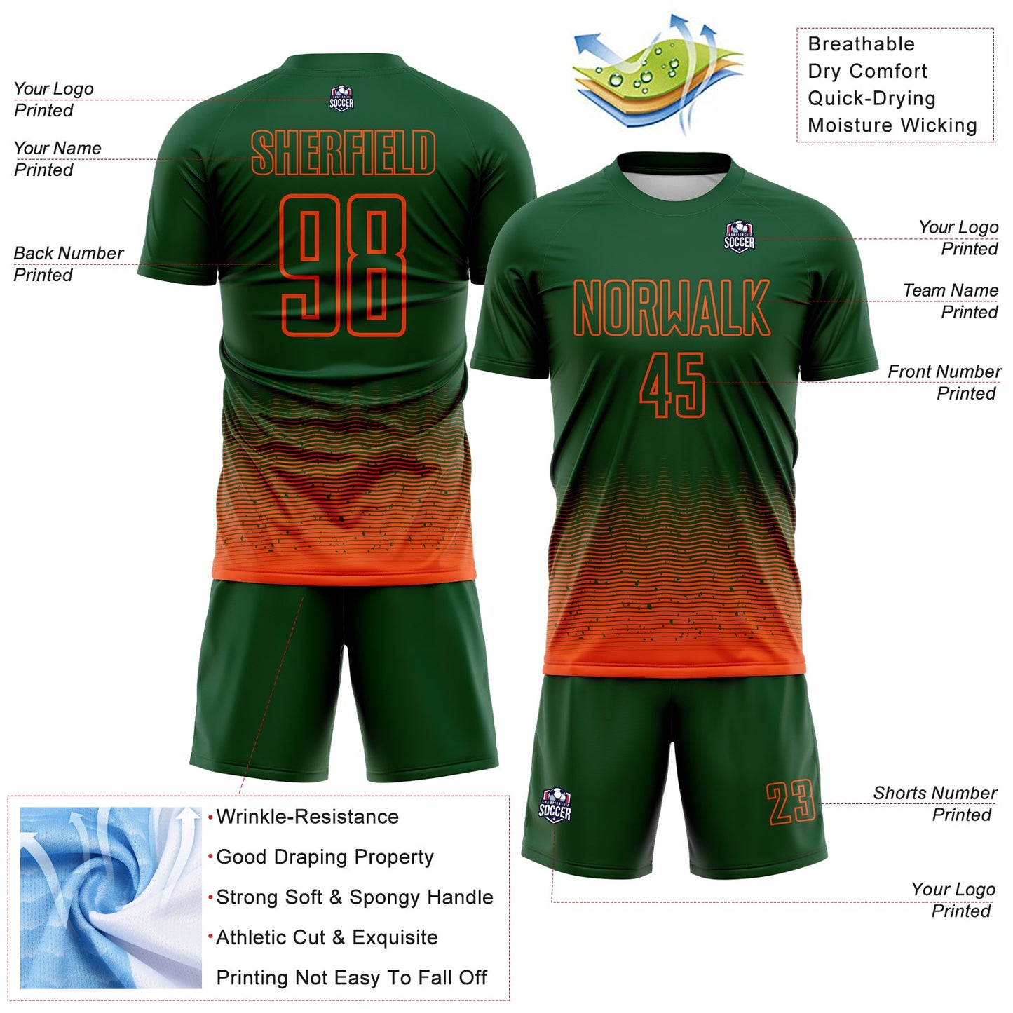 Custom Green-Orange Fade Wave Lines Splatter Sublimation Soccer Uniform Jersey view 4