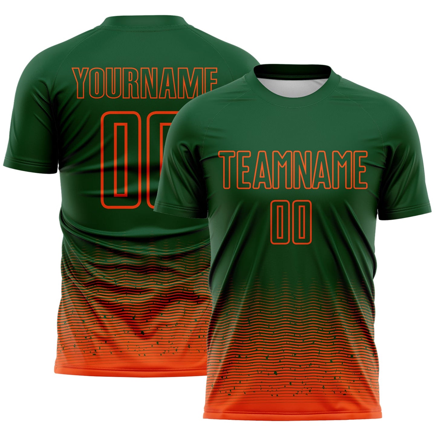 Custom Green-Orange Fade Wave Lines Splatter Sublimation Soccer Uniform Jersey - Main View