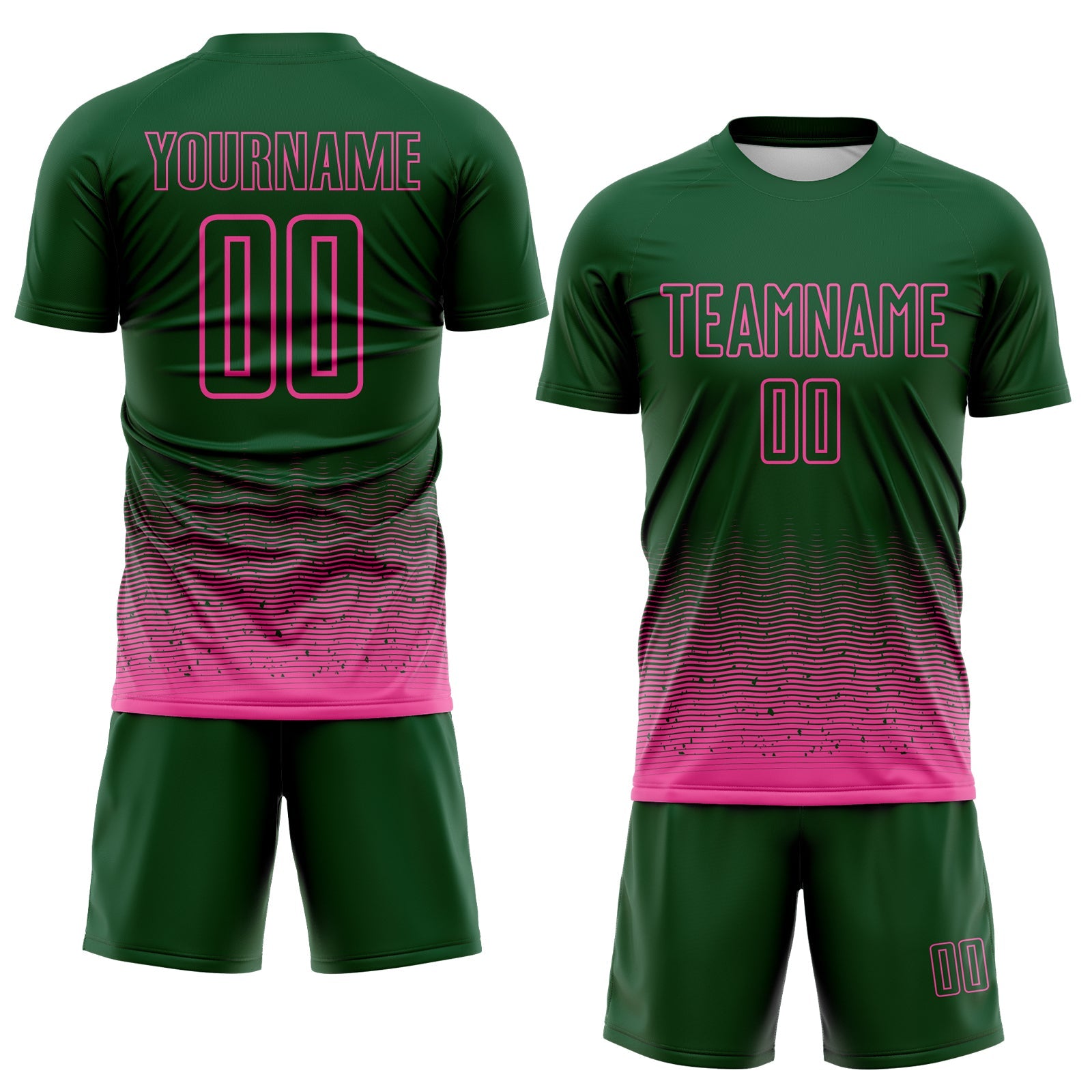 Custom Green-Pink Fade Wave Lines Splatter Sublimation Soccer Uniform Jersey view 2