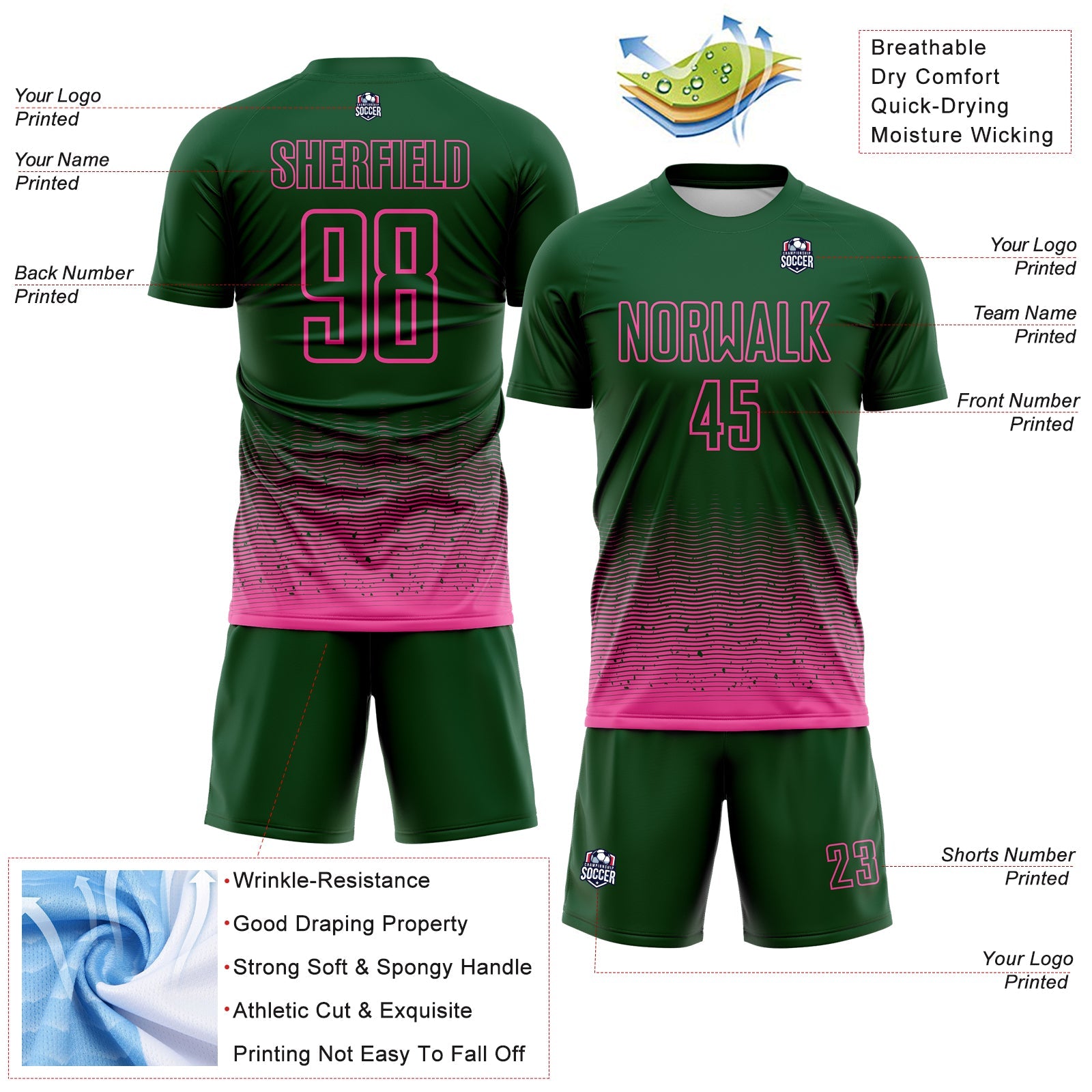 Custom Green-Pink Fade Wave Lines Splatter Sublimation Soccer Uniform Jersey view 4