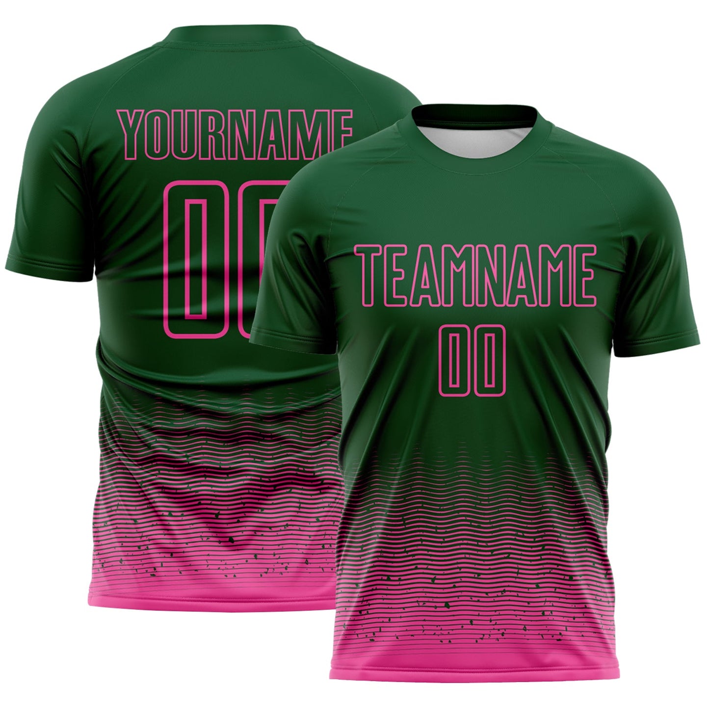 Custom Green-Pink Fade Wave Lines Splatter Sublimation Soccer Uniform Jersey - Main View