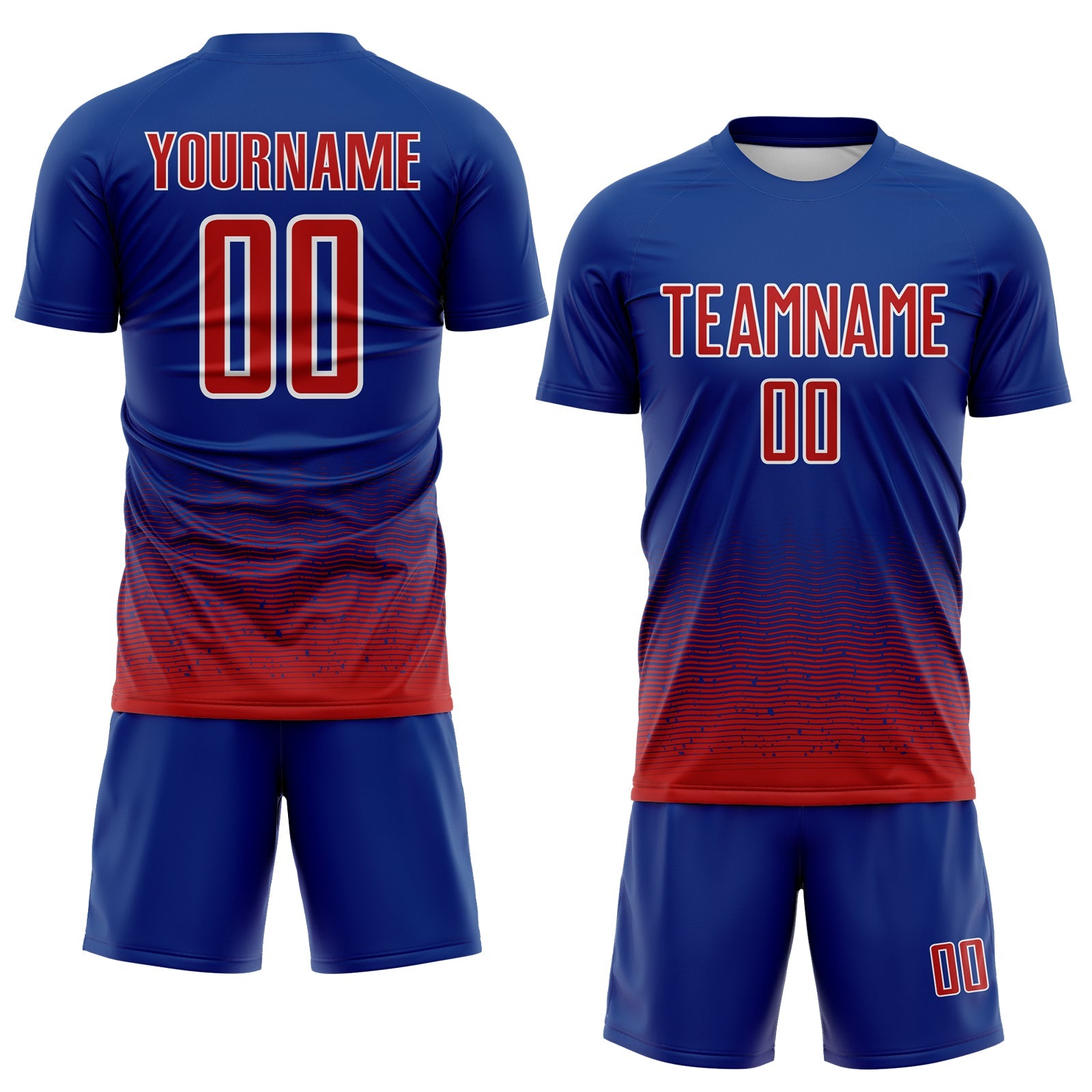 Custom Royal Red-White Fade Wave Lines Splatter Sublimation Soccer Uniform Jersey view 2