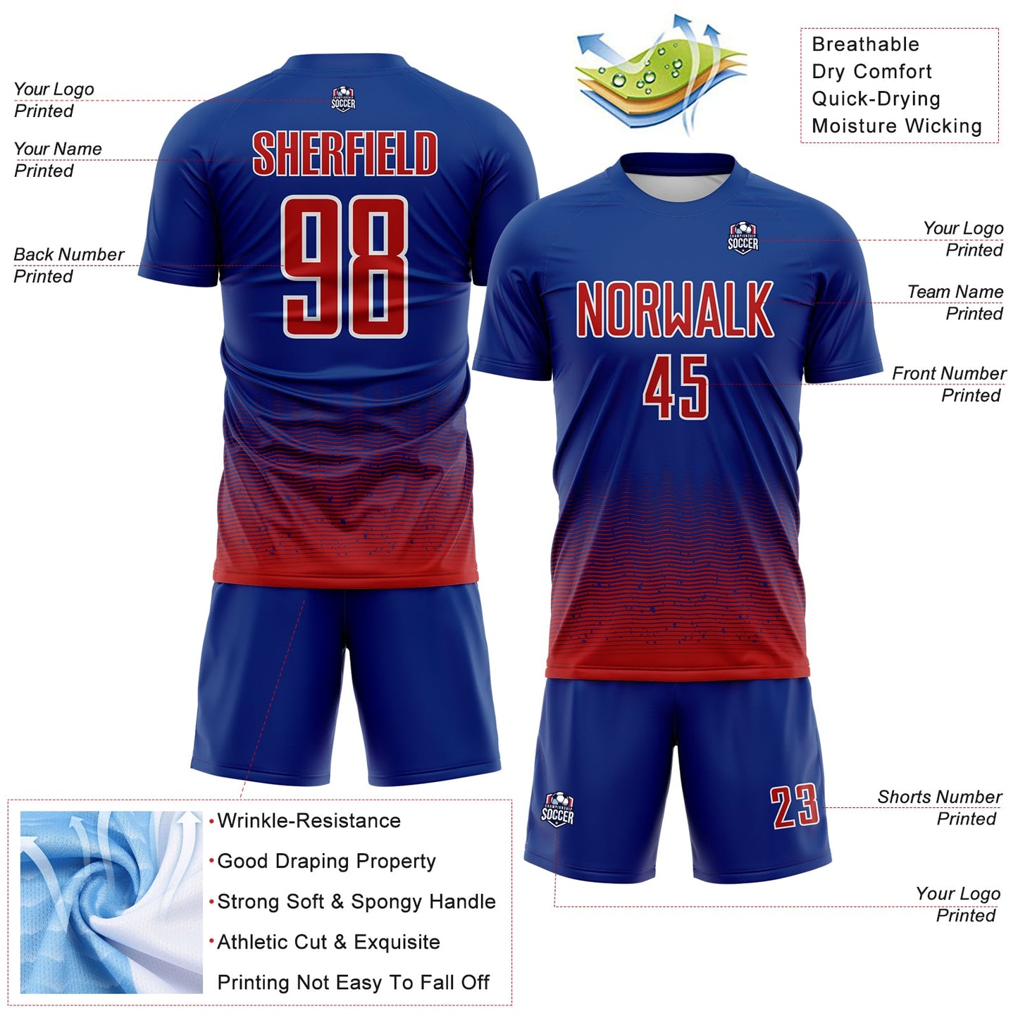 Custom Royal Red-White Fade Wave Lines Splatter Sublimation Soccer Uniform Jersey view 4