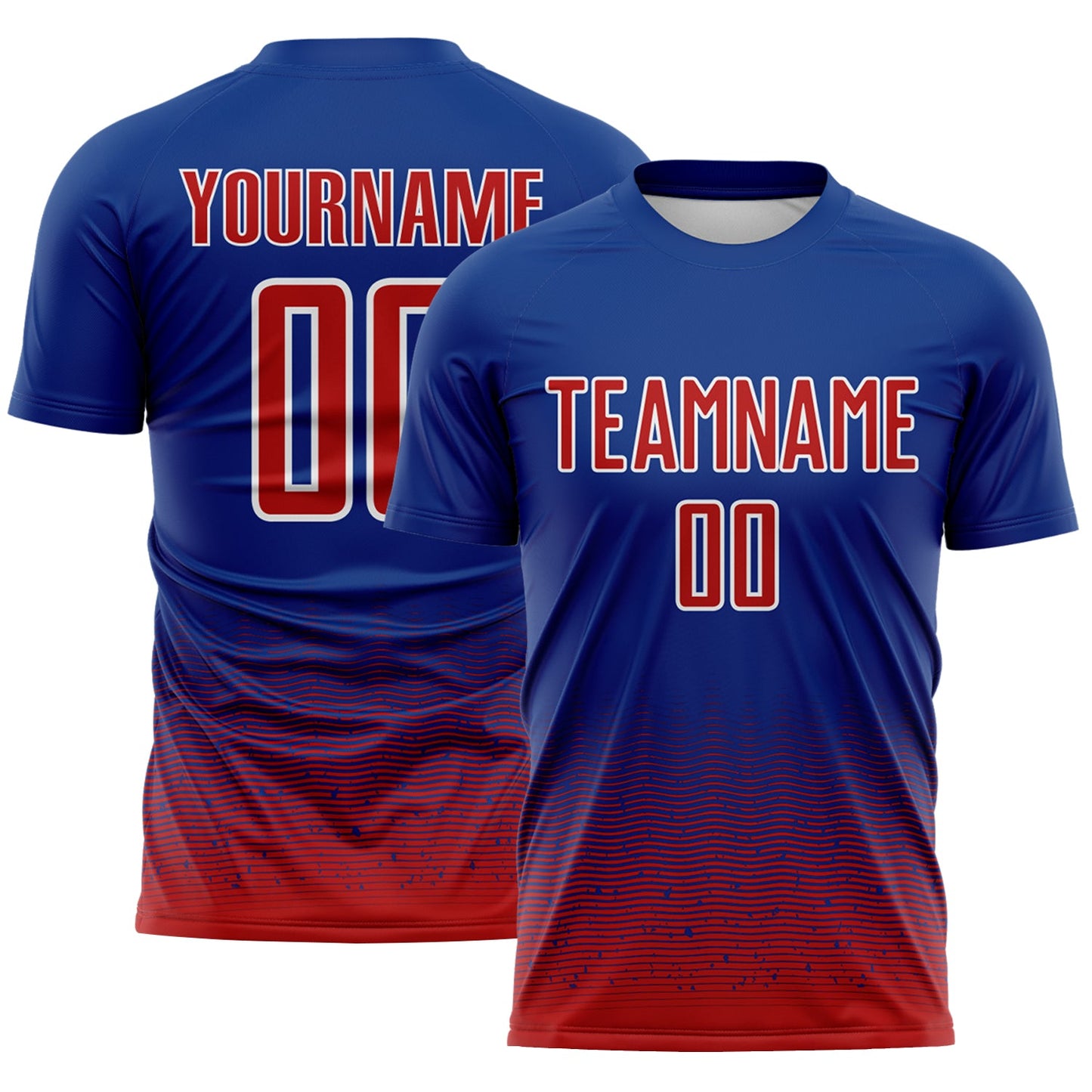 Custom Royal Red-White Fade Wave Lines Splatter Sublimation Soccer Uniform Jersey - Main View