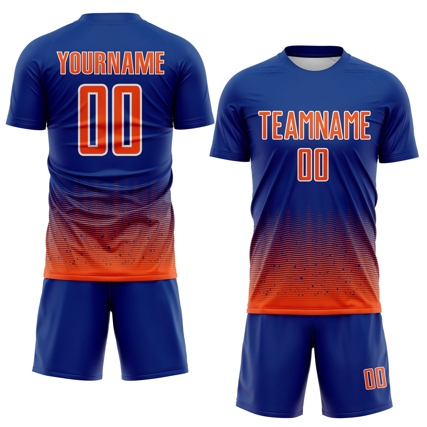 Custom Royal Orange-White Fade Wave Lines Splatter Sublimation Soccer Uniform Jersey view 2