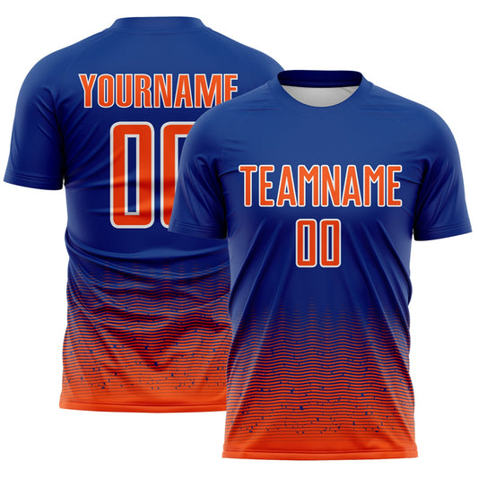 Custom Royal Orange-White Fade Wave Lines Splatter Sublimation Soccer Uniform Jersey - Main View