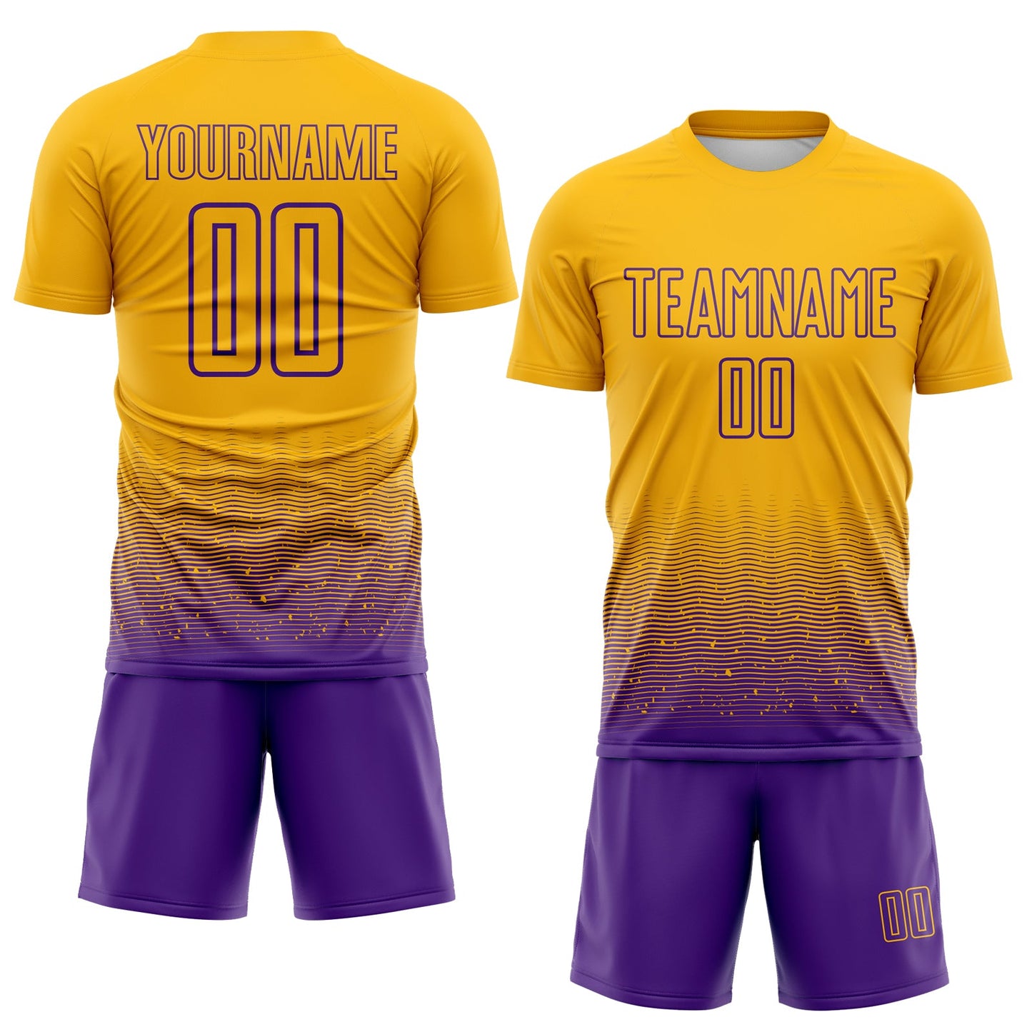 Custom Gold-Purple Fade Wave Lines Splatter Sublimation Soccer Uniform Jersey view 2