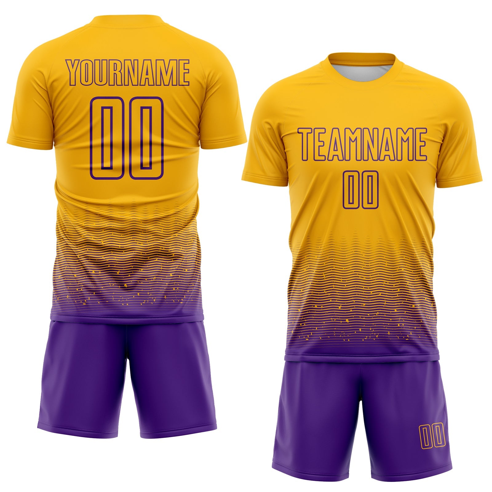 Custom Gold-Purple Fade Wave Lines Splatter Sublimation Soccer Uniform Jersey view 2