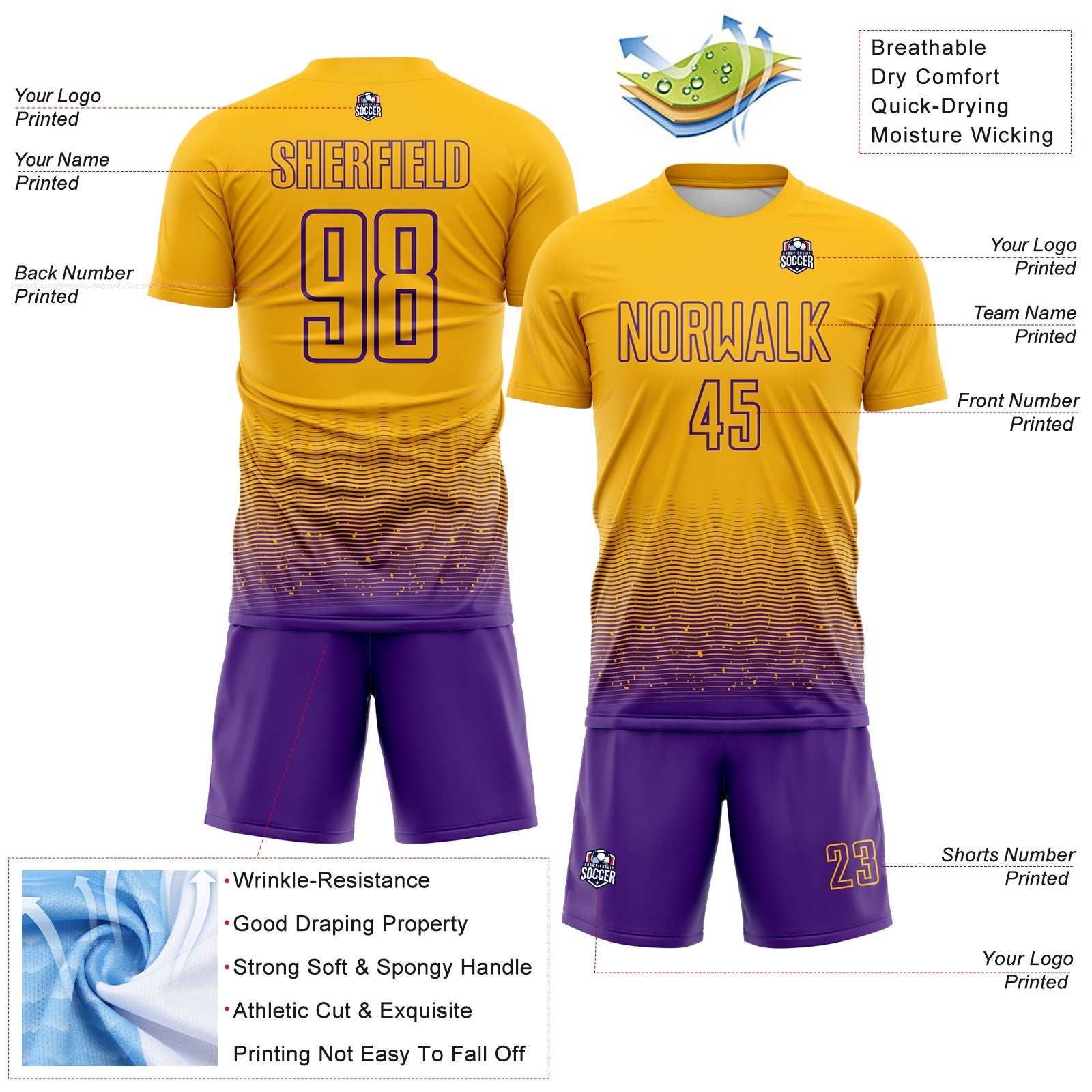 Custom Gold-Purple Fade Wave Lines Splatter Sublimation Soccer Uniform Jersey view 4