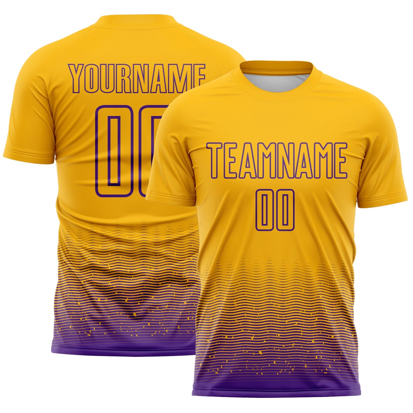 Custom Gold-Purple Fade Wave Lines Splatter Sublimation Soccer Uniform Jersey - Main View