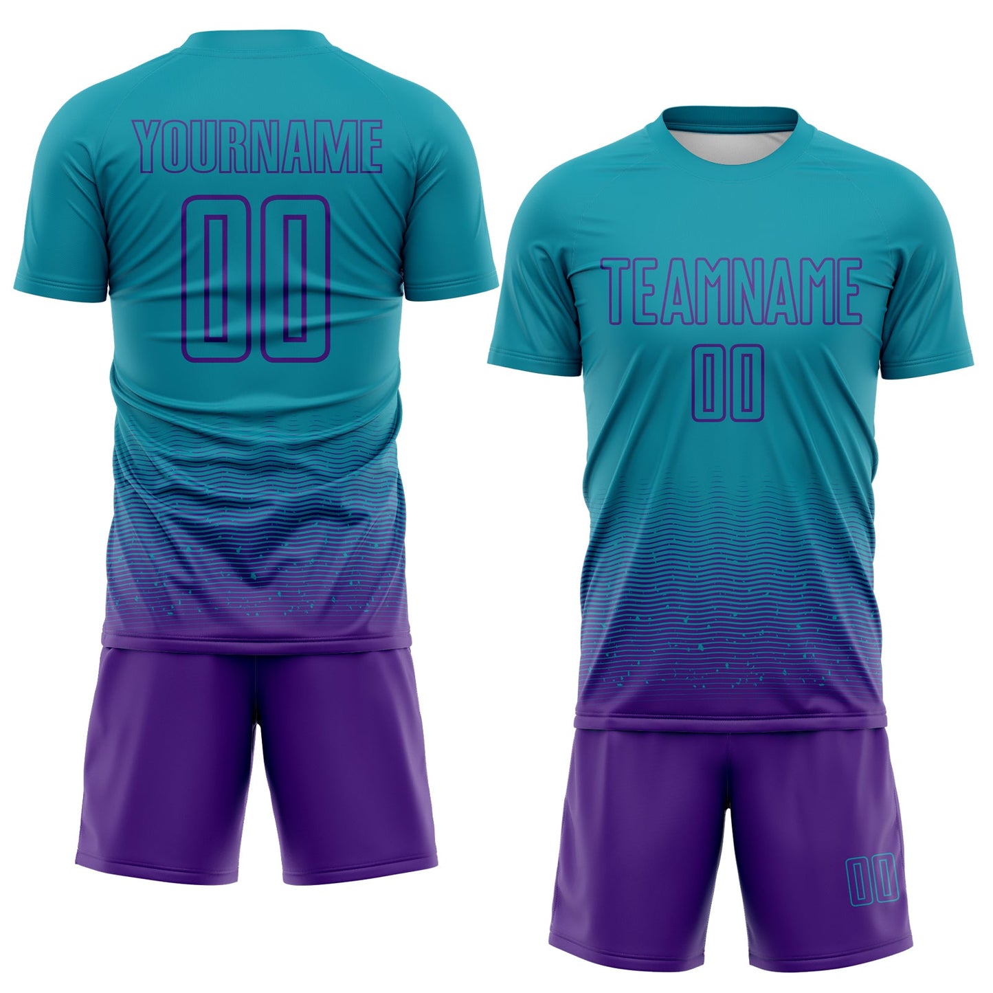 Custom Teal-Purple Fade Wave Lines Splatter Sublimation Soccer Uniform Jersey view 2