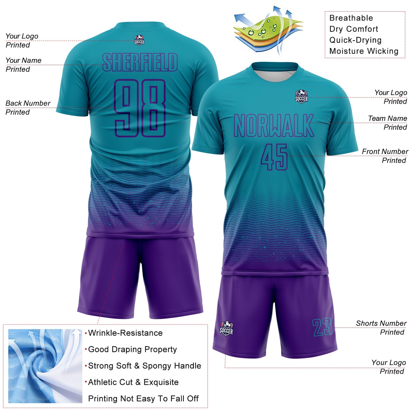 Custom Teal-Purple Fade Wave Lines Splatter Sublimation Soccer Uniform Jersey view 4