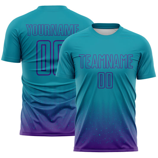 Custom Teal-Purple Fade Wave Lines Splatter Sublimation Soccer Uniform Jersey - Main View