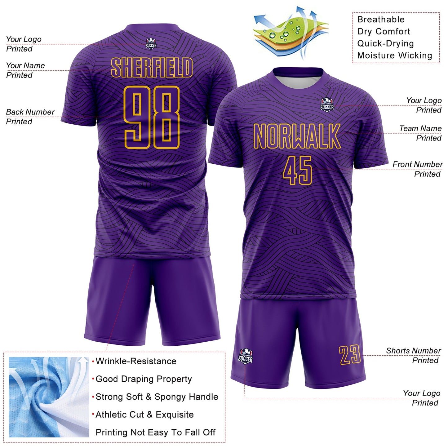Custom Purple Black-Gold Abstract Wave Lines Interlocking Sublimation Soccer Uniform Jersey view 4