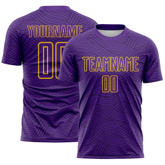 Custom Purple Black-Gold Abstract Wave Lines Interlocking Sublimation Soccer Uniform Jersey - Main View
