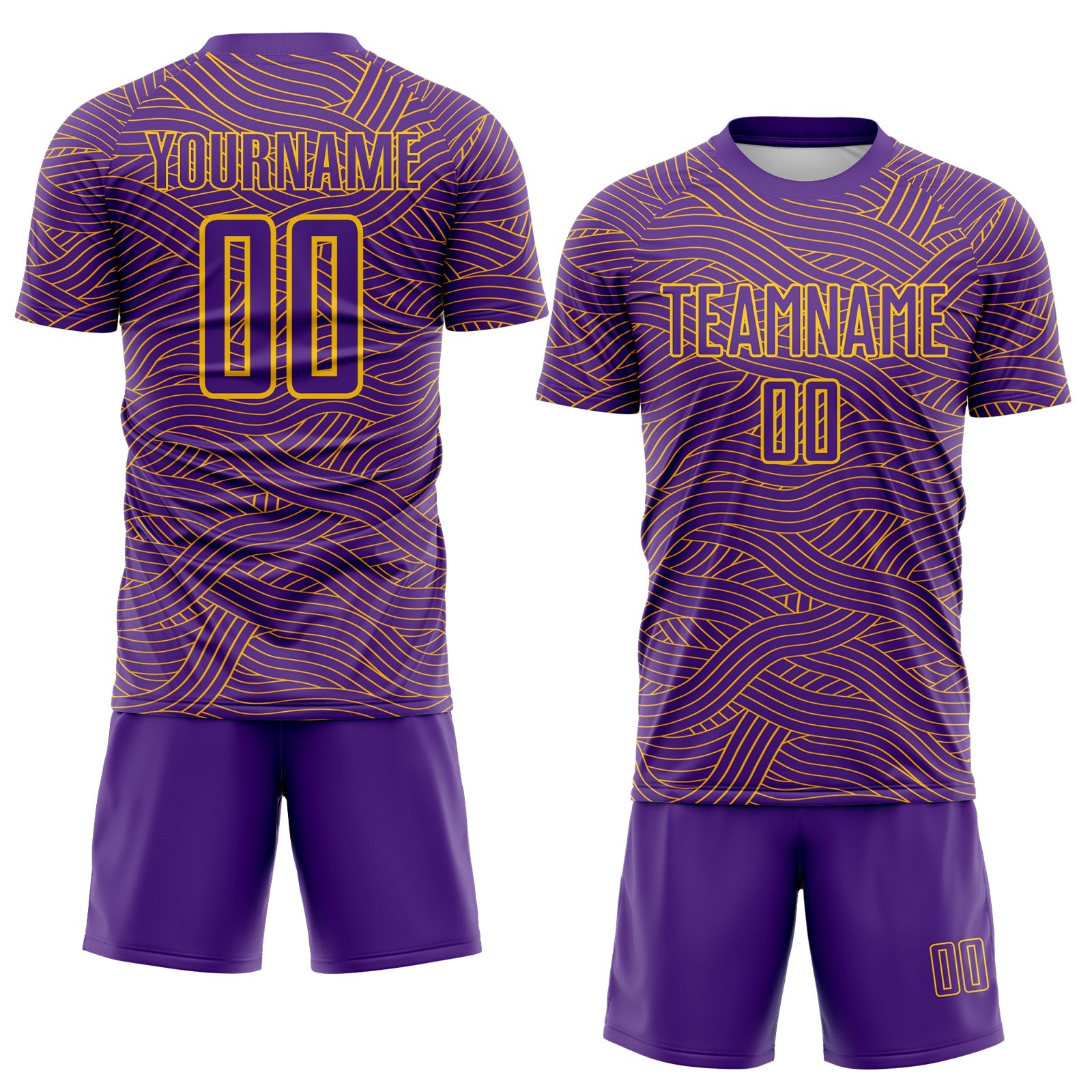 Custom Purple-Gold Abstract Wave Lines Interlocking Sublimation Soccer Uniform Jersey view 2