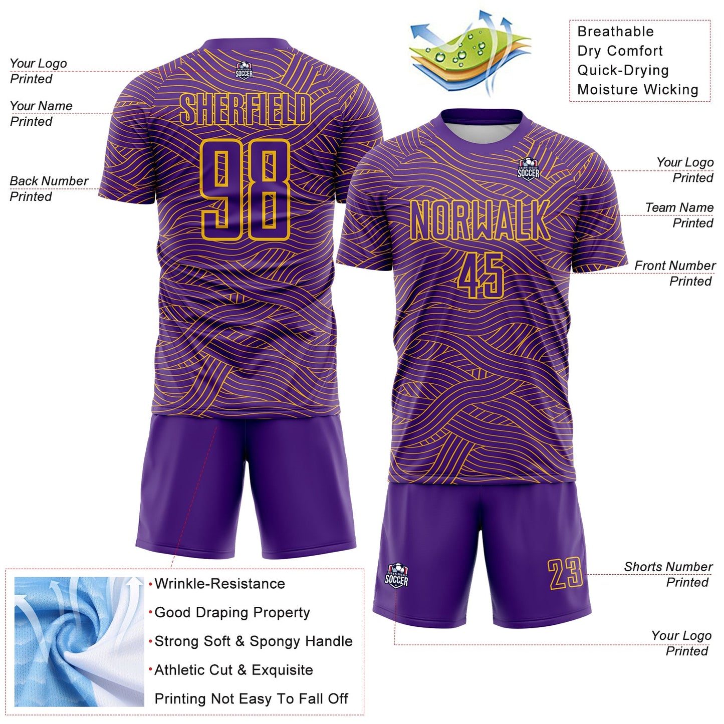 Custom Purple-Gold Abstract Wave Lines Interlocking Sublimation Soccer Uniform Jersey view 4