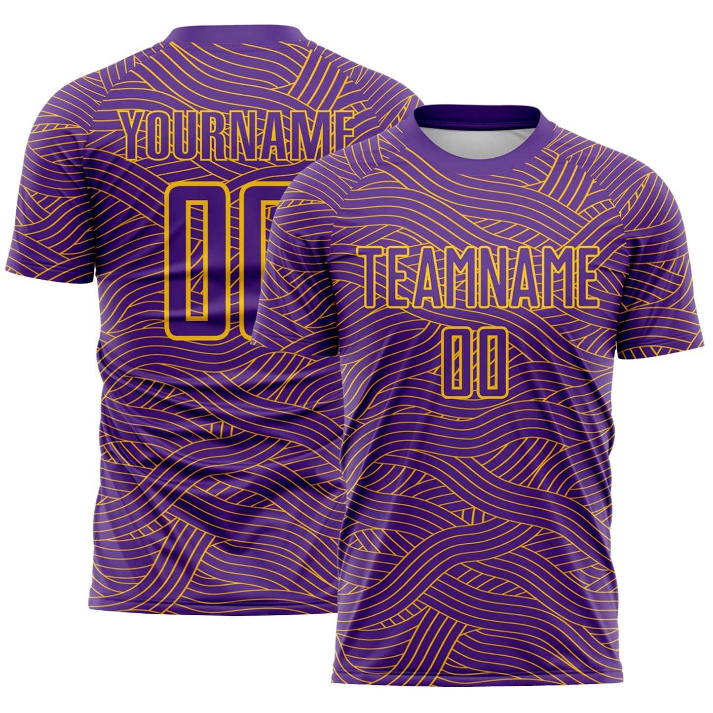 Custom Purple-Gold Abstract Wave Lines Interlocking Sublimation Soccer Uniform Jersey - Main View