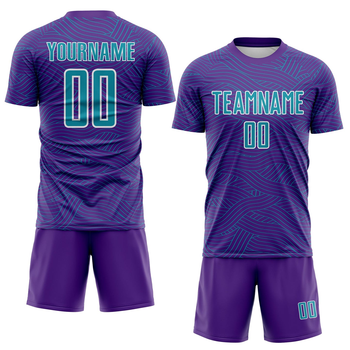 Custom Purple Teal-White Abstract Wave Lines Interlocking Sublimation Soccer Uniform Jersey view 2